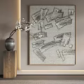 Abstract Painting with Expressive Lines and Textured Strokes Beside Wooden Pedestal White Flower Vase
