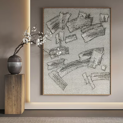 Abstract Painting with Expressive Lines and Textured Strokes Beside Wooden Pedestal White Flower Vase 3d model