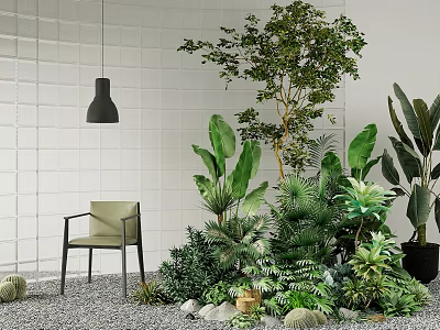 Indoor Plant Combinations With White Tiled Wall Black Pendant Lamp And Pebble Floor 3d model