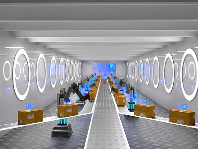 Modern Automated Warehouse Facility Featuring Robotic Arms Conveyor Belt Yellow Boxes And Blue Screens 3d model