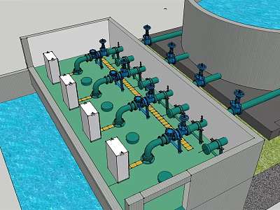 Industrial Equipment Pipeline System With Green Pipes Blue Valves And Circular Water Tank 3d model