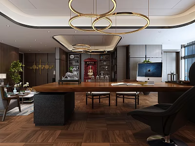 Modern Office Interior With Large Wooden Desk Golden Ring Pendant Lights And Black Chair 3d model