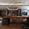 Modern Office Interior With Large Wooden Desk Golden Ring Pendant Lights And Black Chair