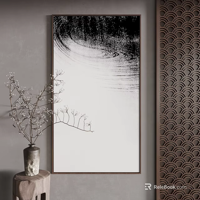Minimalist Black and White Landscape Painting with Natural Branch Vase and Geometric Wall Decor 3d model 