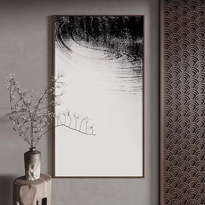 Minimalist Black and White Landscape Painting with Natural Branch Vase and Geometric Wall Decor 3d model