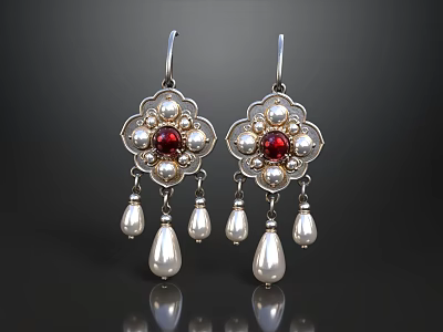 Exquisite Silver Floral Earrings With Ruby Center And Hanging Pearl Pendants 3d model