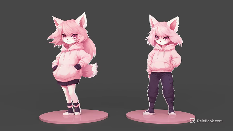 Two Cute Pink Fox Ears Game And Movie Characters With Pink Hoodie Standing Poses 3d model 