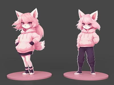 Two Cute Pink Fox Ears Game And Movie Characters With Pink Hoodie Standing Poses 3d model
