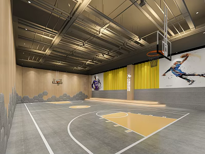 Spacious Indoor Basketball Gym With Basketball Hoop Gray Court Floor And Player Mural 3d model