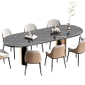 Modern Dining Set with Oval Black Marble Table Metal Legs and Eight Beige Padded Chairs