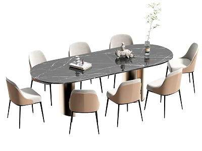 Modern Dining Set with Oval Black Marble Table Metal Legs and Eight Beige Padded Chairs 3d model