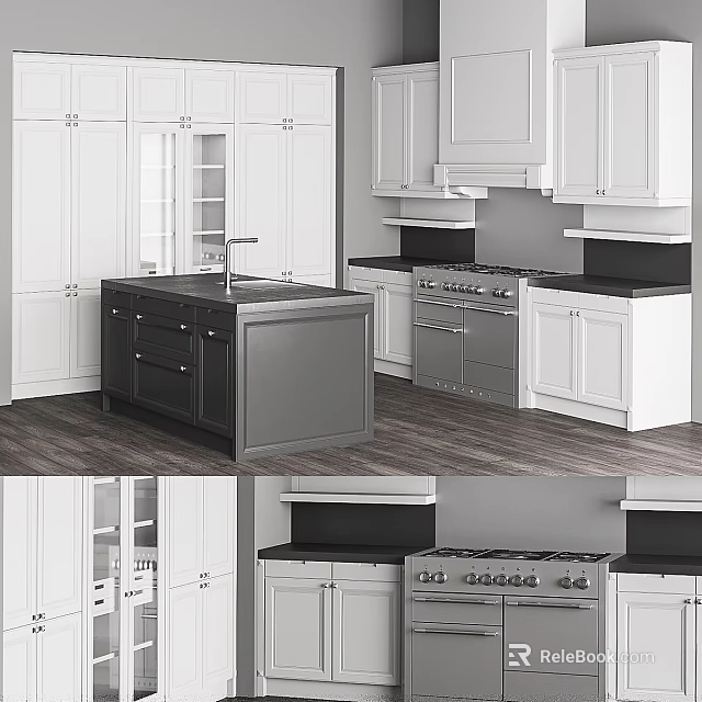 Stylish Modern Kitchen Design Featuring White Cabinets And Dark Island Countertop 3d model 