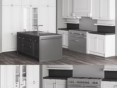 Stylish Modern Kitchen Design Featuring White Cabinets And Dark Island Countertop 3d model