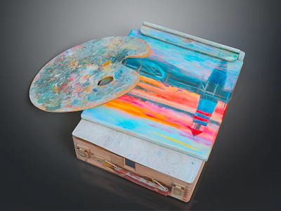Daily Living Supplies Featuring Colorful Paint Palette Canvas Board And Wooden Storage Box 3d model