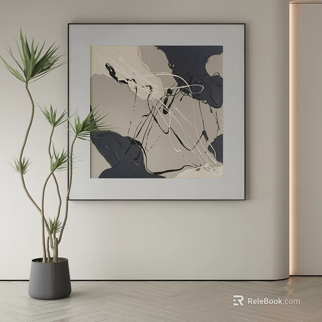 Modern Abstract Painting On Light Wall With Potted Plant And Neutral Tones 3d model 