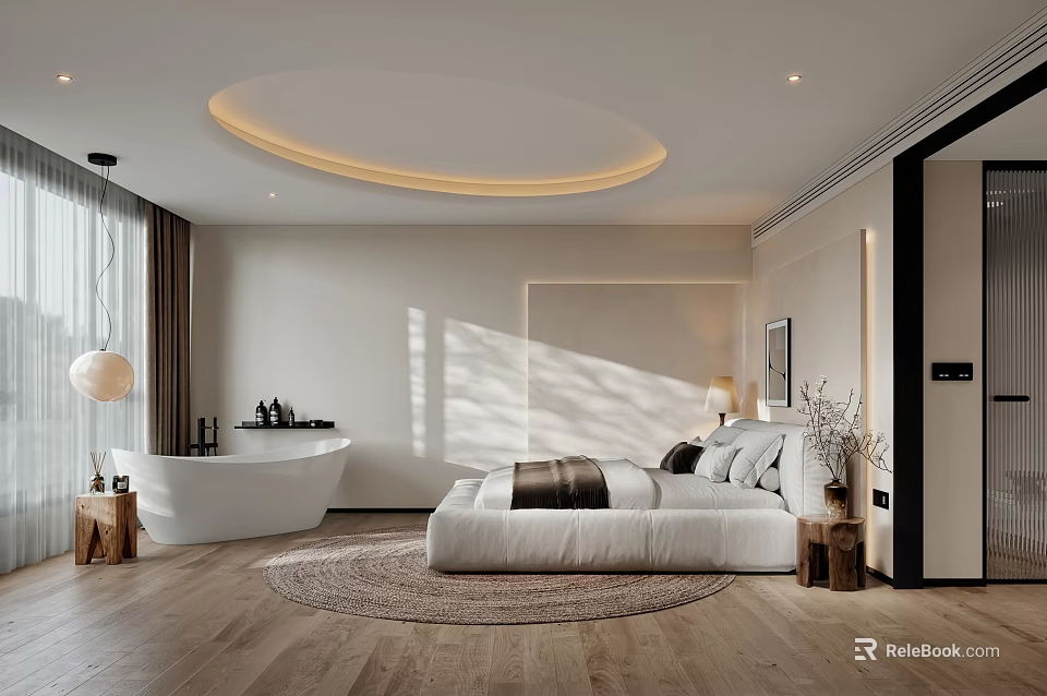 Minimalist Modern Bedroom Interior With Round Bed Wooden Floor And White Bathtub 3d model 