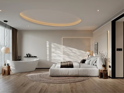 Minimalist Modern Bedroom Interior With Round Bed Wooden Floor And White Bathtub 3d model