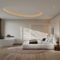 Minimalist Modern Bedroom Interior With Round Bed Wooden Floor And White Bathtub