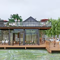 Sunroom Over Water Featuring Wooden Deck Surrounded By Trees With Tables Chairs And People Relaxing