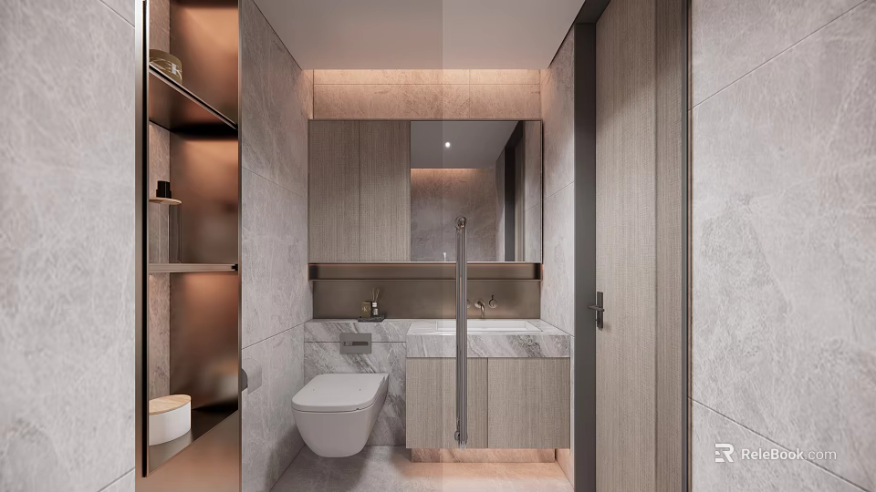 Elegant Modern Bathroom Interior Design With Marble Countertop Mirror Wooden Cabinets And Toilet 3d model 