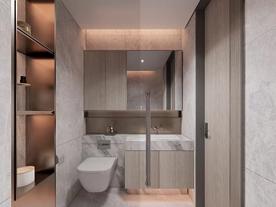 Elegant Modern Bathroom Interior Design With Marble Countertop Mirror Wooden Cabinets And Toilet 3d model