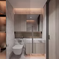 Elegant Modern Bathroom Interior Design With Marble Countertop Mirror Wooden Cabinets And Toilet