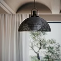 Modern Black Pendant Light with Perforated Grid Design in Arched Ceiling Interior with Window View 3d model