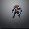 Muscular Sci-Fi Character Wearing Blue Red Armor With Mechanical Parts And Strong Physique