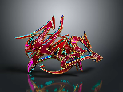 Colorful 3D Rendered Abstract Graffiti Art With Vibrant Red Pink Blue Geometric Shapes 3d model