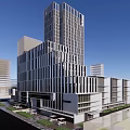 Modern Office Building With Glass Facade And Tall Structure In Greenery Surrounding Area