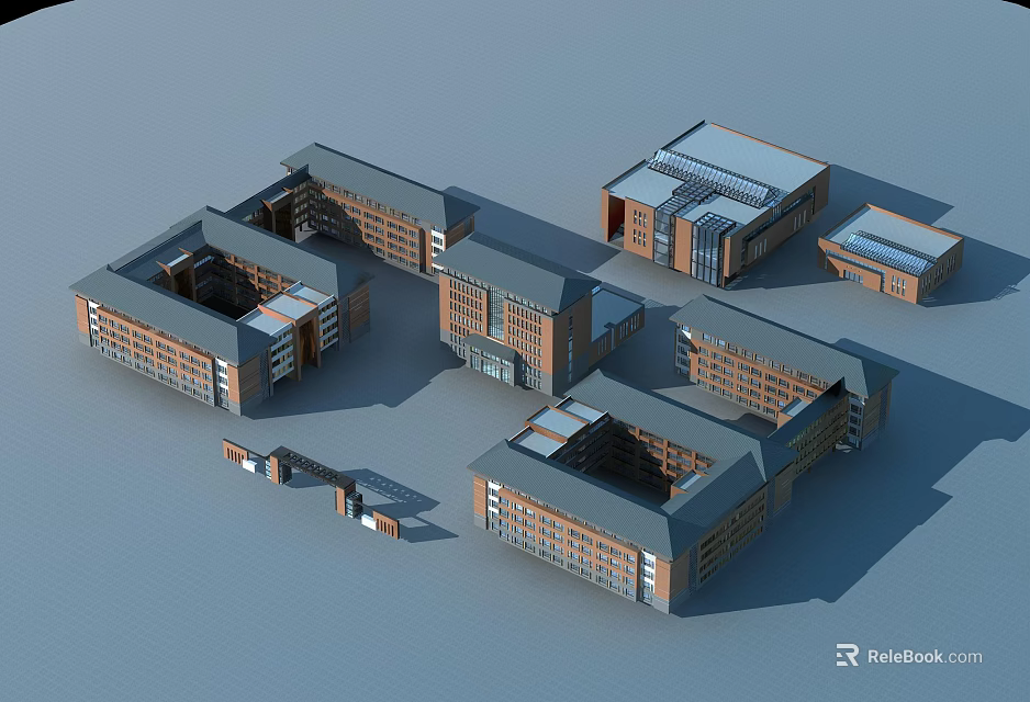 School Campus Buildings With Brick Exteriors Multiple Structures And Roof Designs 3d model 