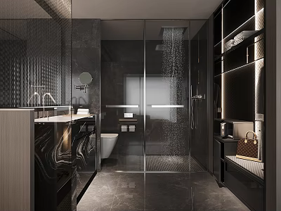 Modern Bathroom Interior Design With Glass Shower Toilet And Black Gray Marble Vanity Shelves 3d model