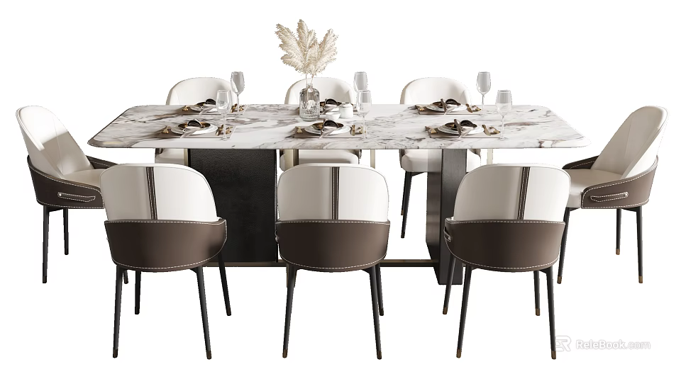 Modern Dining Table Set with Marble Tabletop Upholstered Chairs Tableware and Decorative Plant 3d model 