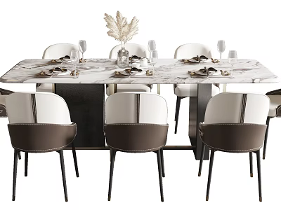 Modern Dining Table Set with Marble Tabletop Upholstered Chairs Tableware and Decorative Plant 3d model