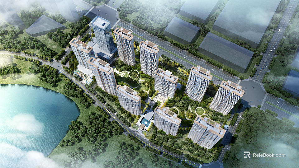 Modern Residential Complex With High Rise Buildings Green Area And Lake View 3d model 