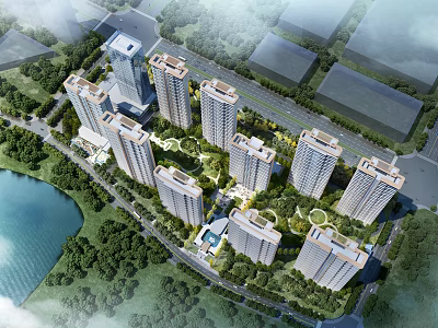 Modern Residential Complex With High Rise Buildings Green Area And Lake View 3d model
