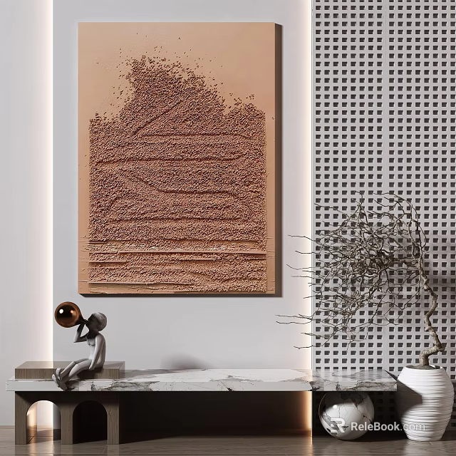 Brown Textured Abstract Artwork With Perforated Wall Panel And Marble Countertop 3d model