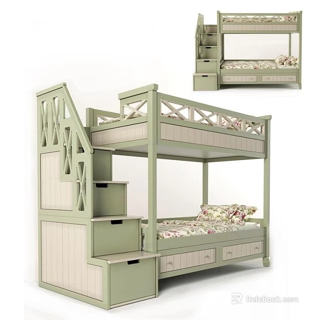 Light Green Bunk Bed with Staircase and Drawer Storage Floral Mattress Design 3d model 