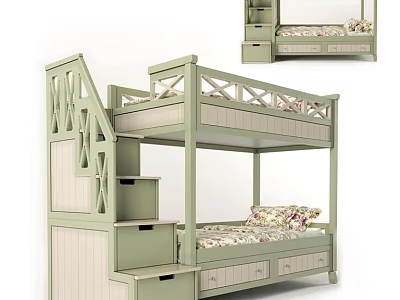 Light Green Bunk Bed with Staircase and Drawer Storage Floral Mattress Design 3d model
