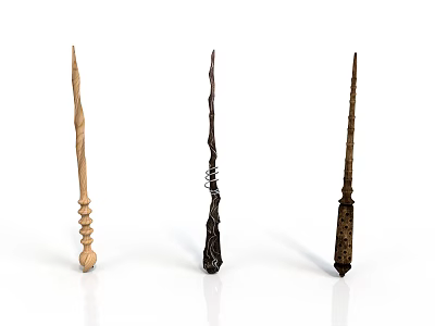 Three Unique Handcrafted Wands With Intricate Handle Designs And Wooden Textures 3d model