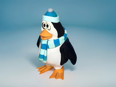 Cute Penguin Doll Wearing Blue And White Hat Scarf And Orange Feet Beak 3d model