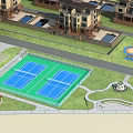 Outdoor Sports Facility With Two Tennis Courts Green Grass And Playground Area