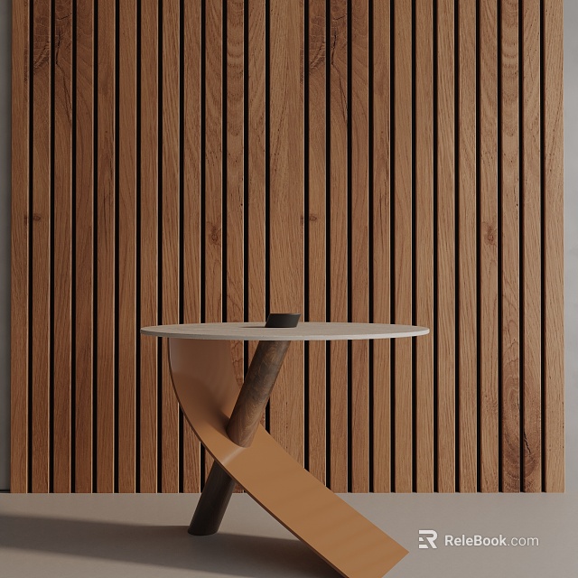 Modern Minimalist Side Table With White Top And Curved Brown Stand Against Wooden Slat Wall 3d model 
