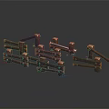 Multiple Brown Wooden Scene Components With Furniture Supports And Metal Connectors