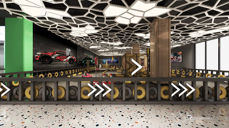 Modern Restaurant Interior With Honeycomb Ceiling Red Sports Car Mural And Colorful Terrazzo Floor 3d model 