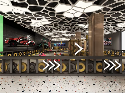 Modern Restaurant Interior With Honeycomb Ceiling Red Sports Car Mural And Colorful Terrazzo Floor 3d model