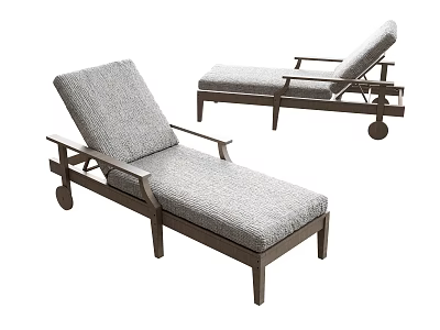 Outdoor Modern Lounge Chair With Wooden Frame Gray Cushion And Wheels 3d model