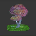 Cartoon Style Tree with Purple Pink Leaves and Twisted Gray Trunk on Green Grass Base