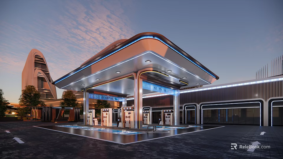 Modern Futuristic Gas Station Architecture With Illuminated Canopy And Fuel Pumps 3d model 