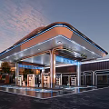 Modern Futuristic Gas Station Architecture With Illuminated Canopy And Fuel Pumps